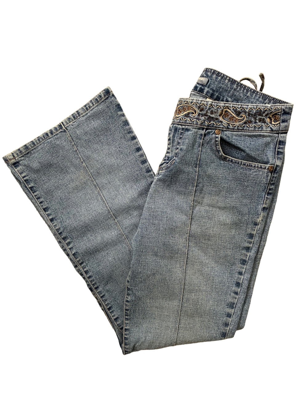 Vintage Canyon River Blues Paneled Flare Jeans with Paisley Embroidered Waist